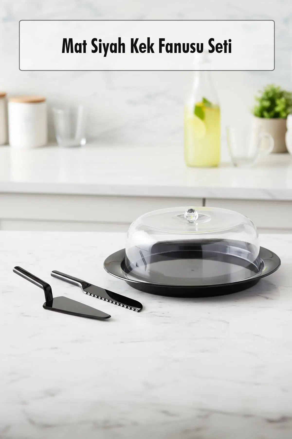Akrilik Mat Siyah Kek Fanusu ve Servis Seti - 33 x 39 x 14 cm