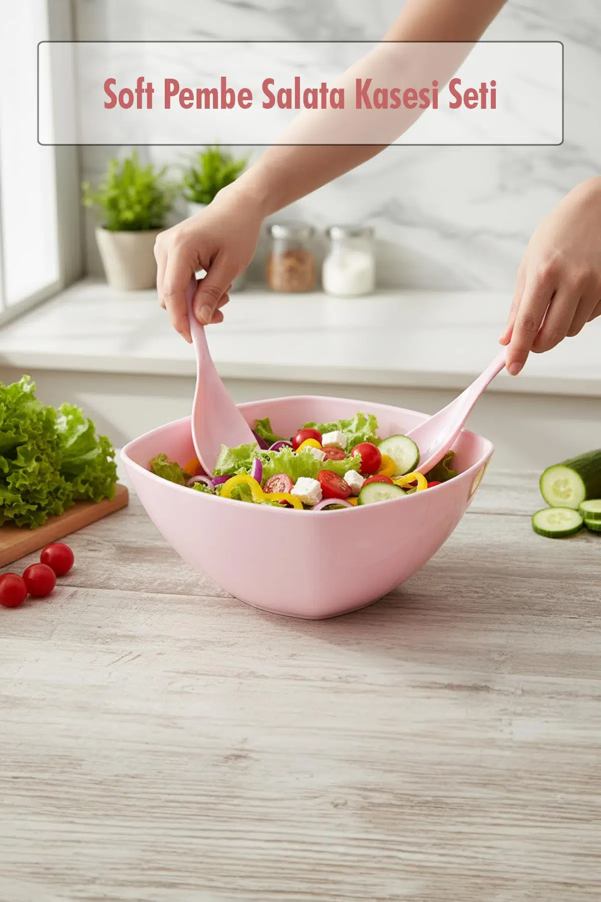 3,5 Lt Soft Pembe Akrilik Kare Salata ve Servis Kasesi Seti – 3 Parça